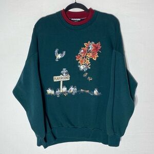 Vintage 90s Green W Burgundy Collar Bird Playground Crew Neck Sweatshirt XXL